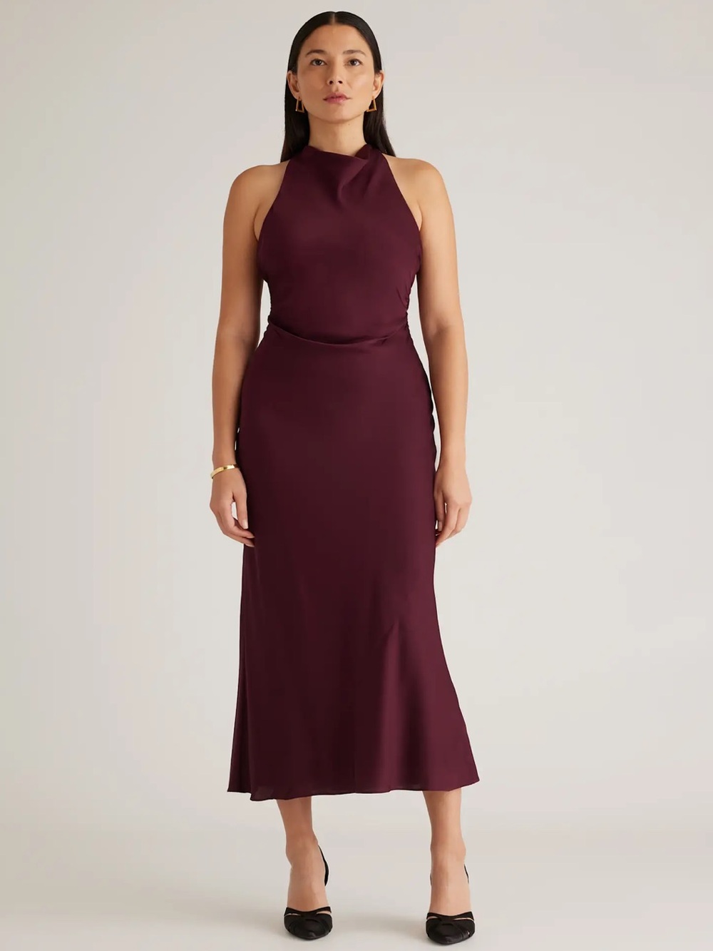 Quince Washable Silk High Neck Midi Dress In Wine Tasting Red